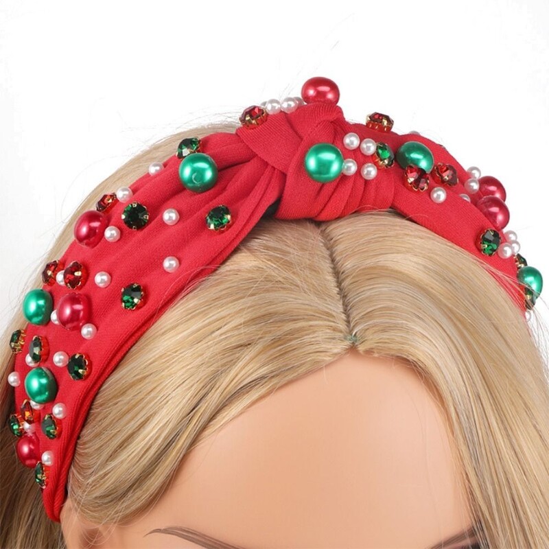 Plačios briaunos kalėdinė plaukų juosta Madinga galvos apdangalai Kalnų krištolinio mazgo galvos juostos imitacija perlo raudona žalia krištoliniai karoliukai plaukų juosta