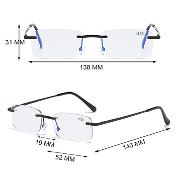 Очила без рамки за мъже Радиационни сини филмови очила за четене за жени за бизнес Квадратни диоптрични окуляри за четене 1,5