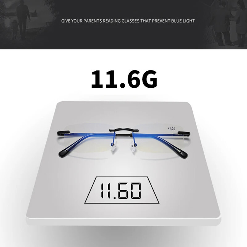 Keret nélküli szemüvegek férfiaknak, sugárzás kék filmes olvasószemüvegek nőknek üzleti használatra. Négyzetre kapható szemüvegek olvasáshoz