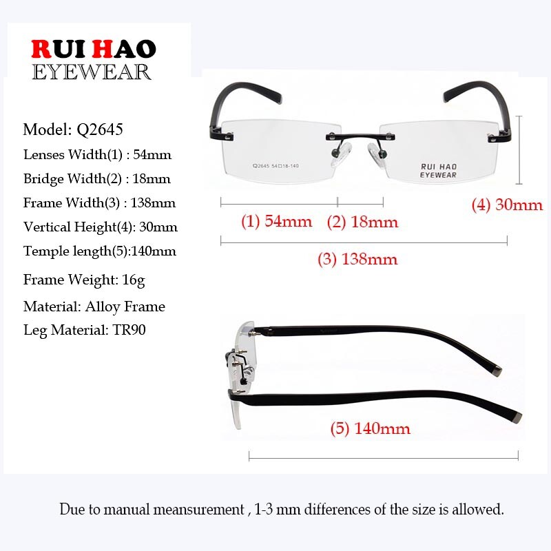 Uniszex keret nélküli szemüvegkeret férfi téglalap üzleti optikai szemüveg férfi szuperkönnyű szemüvegkeret Rui Hao szemüvegmárka