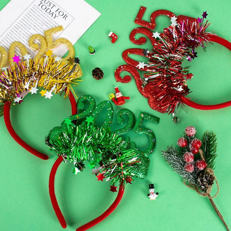 Laimingų Naujųjų Metų puošmena 2025 Blizgantis auksinis sidabras Žvaigždės blizgučiai galvos apdangalas Naujųjų metų vakarėlio fotorekvizitai Kalėdų Naujųjų metų vakarėlis