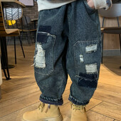 Rudens ir žiemos vaikiškos pliušinės pastorintos kelnės Nauji vaikiški perforuoti džinsai Vienetiniai pliušiniai mažų berniukų kelnaitės