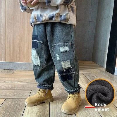 Berniukams vilnos pamušalu pastorinti džinsai vaikiškos kelnės skylutės Madingos vėsios rudens/žiemos vaikiškos kelnės Capris