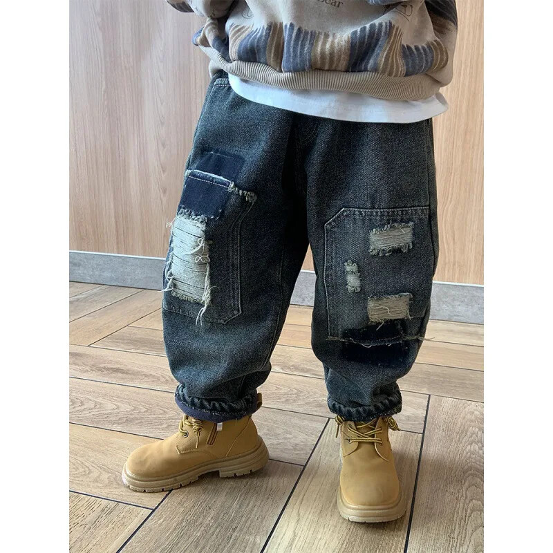 Berniukams vilnos pamušalu pastorinti džinsai vaikiškos kelnės skylutės Madingos vėsios rudens/žiemos vaikiškos kelnės Capris