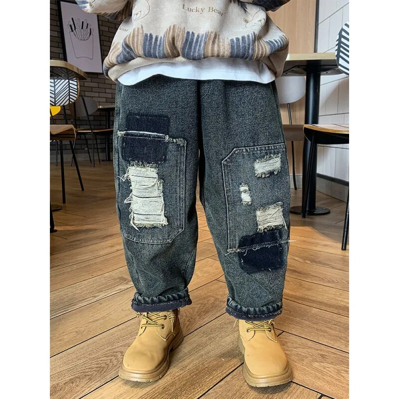 Berniukams vilnos pamušalu pastorinti džinsai vaikiškos kelnės skylutės Madingos vėsios rudens/žiemos vaikiškos kelnės Capris