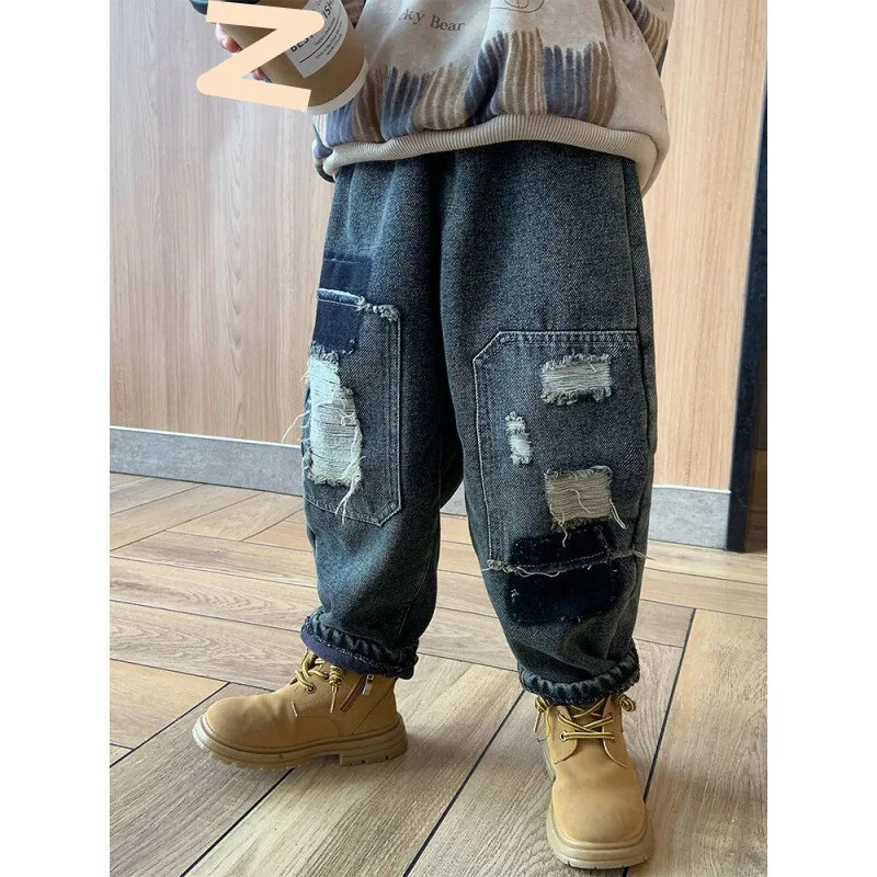 Berniukams vilnos pamušalu pastorinti džinsai vaikiškos kelnės skylutės Madingos vėsios rudens/žiemos vaikiškos kelnės Capris