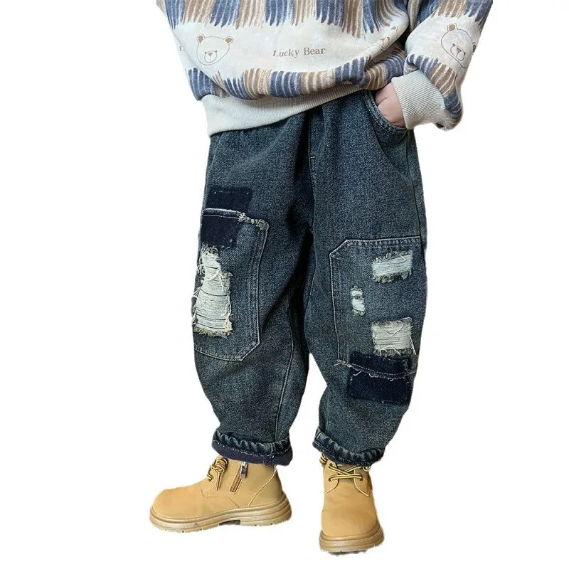 Berniukams vilnos pamušalu pastorinti džinsai vaikiškos kelnės skylutės Madingos vėsios rudens/žiemos vaikiškos kelnės Capris