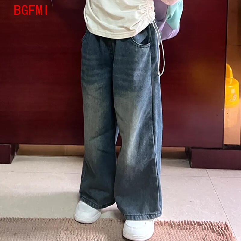 Modes korejiešu bērnu džinsu bikses 2024. gada pavasaris, rudens, bērnu apģērbi, jauni, retro stila, ikdienišķas, kokvilnas platas bikses, 2-10 g.