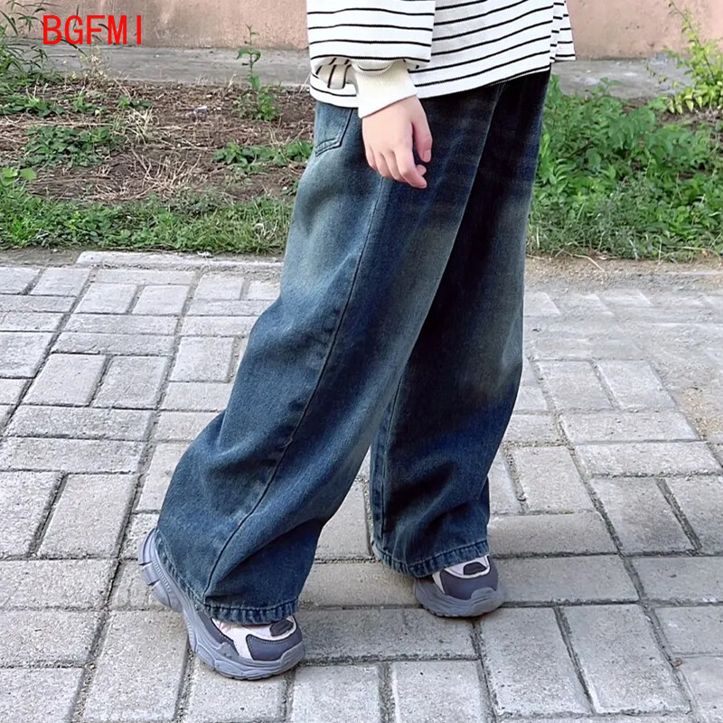 Modes korejiešu bērnu džinsu bikses 2024. gada pavasaris, rudens, bērnu apģērbi, jauni, retro stila, ikdienišķas, kokvilnas platas bikses, 2-10 g.