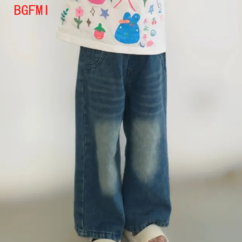 Modes korejiešu bērnu džinsu bikses 2024. gada pavasaris, rudens, bērnu apģērbi, jauni, retro stila, ikdienišķas, kokvilnas platas bikses, 2-10 g.
