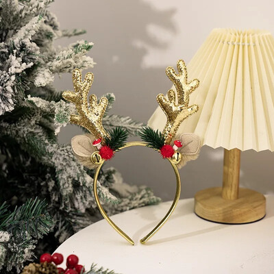 Kalėdinė briedžio varpelio galvos juosta Elnio ragai Plaukų suknelė Kalėdinė pušų spyglių galvos apdangalai Linksmų Kalėdų fotorekvizitas Laimingų Naujųjų 2025 metų
