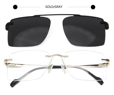 Ochelari fără ramă pentru bărbați cu ochelari de soare cu adsorbție magnetică, lentile polarizate, pătrate, fără montură, ochelari prescripți pentru miopie