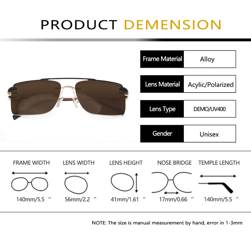 Ochelari fără ramă pentru bărbați cu ochelari de soare cu adsorbție magnetică, lentile polarizate, pătrate, fără montură, ochelari prescripți pentru miopie