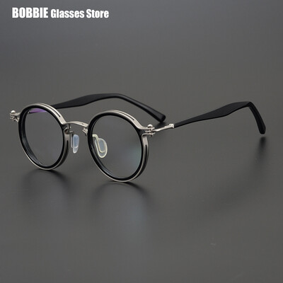 Japoniški rankų darbo titano itin lengvi retro apvalūs akinių rėmeliai Vyriški vintažiniai akiniai moterims Italų prekės ženklo dizainas Aukščiausia kokybė