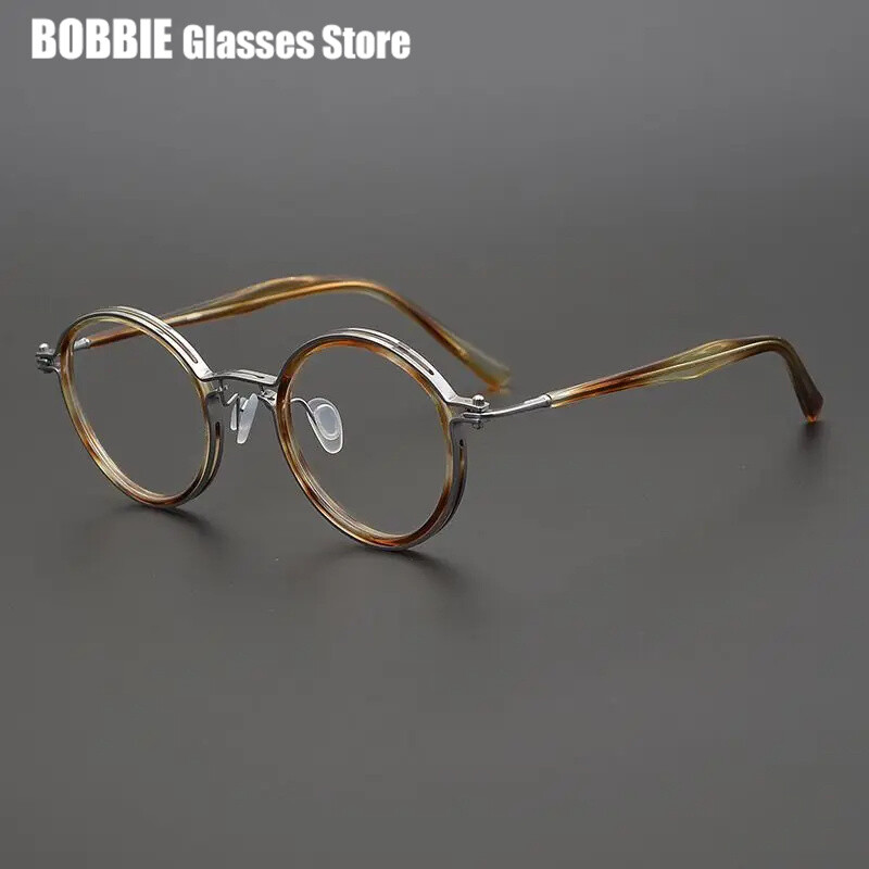 Japoniški rankų darbo titano itin lengvi retro apvalūs akinių rėmeliai Vyriški vintažiniai akiniai moterims Italų prekės ženklo dizainas Aukščiausia kokybė