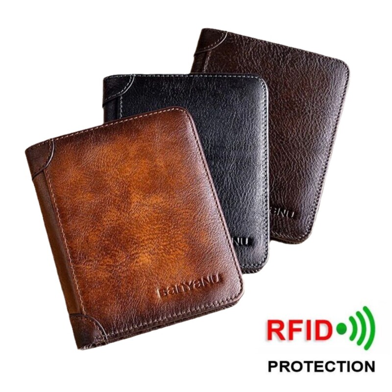 Portofel din piele naturală Design retro de afaceri cu protecție Rfid Suport de card scurt Portmonee Geantă de bani Portofel de afaceri pentru bărbați
