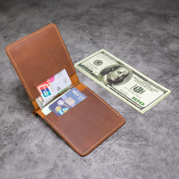 Muški muški muški novčanik sa kopčom za novac od prave kože Crazy Horse, kratka, dvostruka, tanka kopča za novac