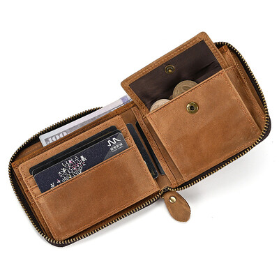 Bărbați Crazy Horse Portofel pentru monede din piele naturală Poșetă scurtă din piele naturală pentru femei Buzunar pentru monede Fermoar în jurul buzunar mic cu trei orificii