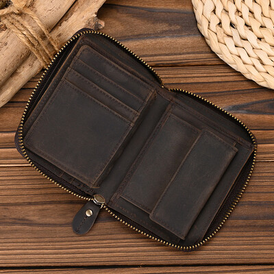 Bărbați Crazy Horse Portofel pentru monede din piele naturală Poșetă scurtă din piele naturală pentru femei Buzunar pentru monede Fermoar în jurul buzunar mic cu trei orificii