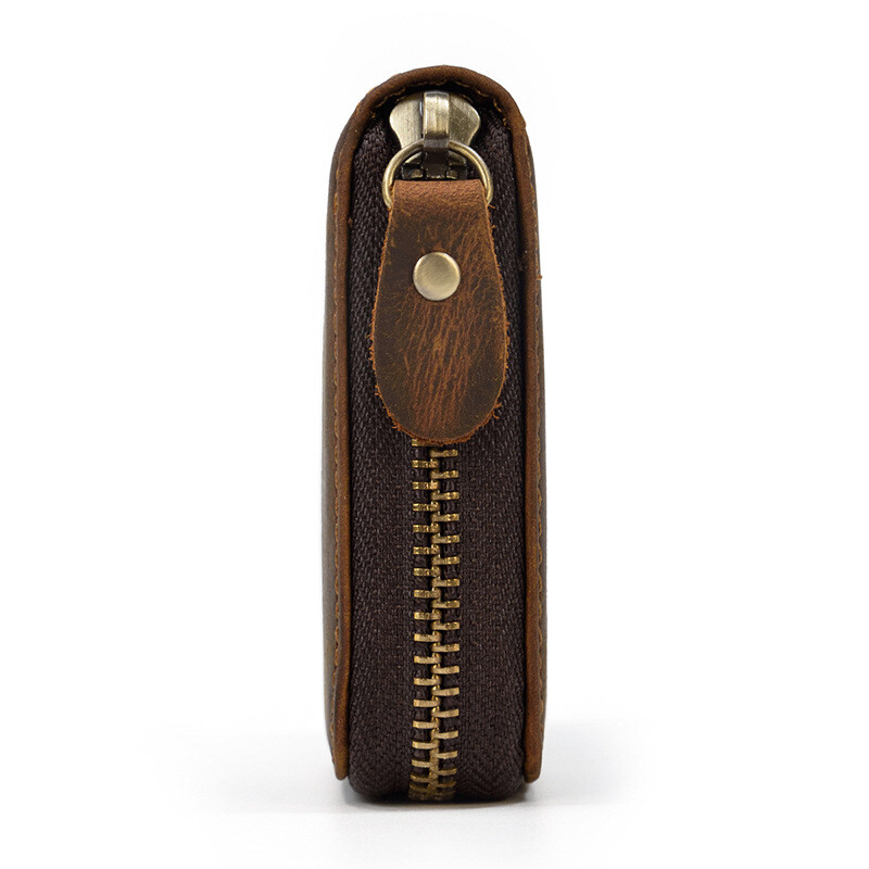 Bărbați Crazy Horse Portofel pentru monede din piele naturală Poșetă scurtă din piele naturală pentru femei Buzunar pentru monede Fermoar în jurul buzunar mic cu trei orificii