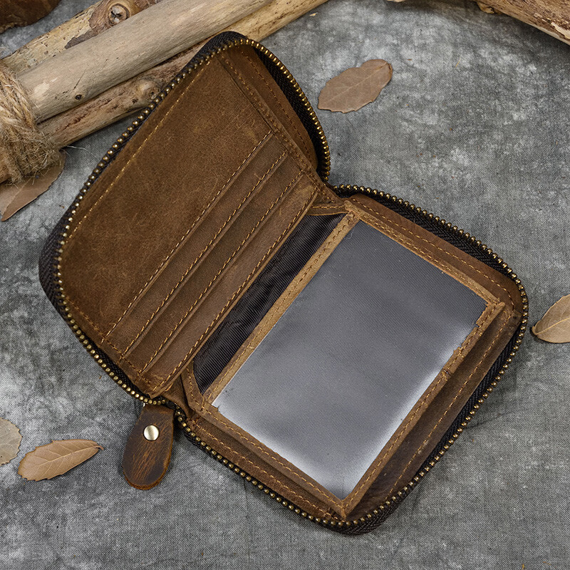 Bărbați Crazy Horse Portofel pentru monede din piele naturală Poșetă scurtă din piele naturală pentru femei Buzunar pentru monede Fermoar în jurul buzunar mic cu trei orificii