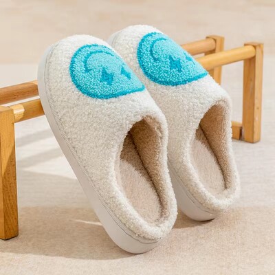 Papuci pentru femei, bărbați, retro, simpli, cu față fericită, papuci confortabili, calduri de pluș, papuci de casă, iarnă, pentru interior, moale, anti-alunecare, pufos