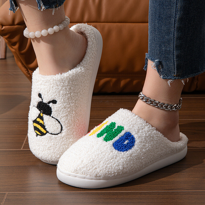 Moteriškos pūkuotos šlepetės, 2024 m. žiemos bičių raštas, storas pliušinis namų šlepetės Moteris uždaras pirštas minkštas padas šiltas medvilninis batai skaidres