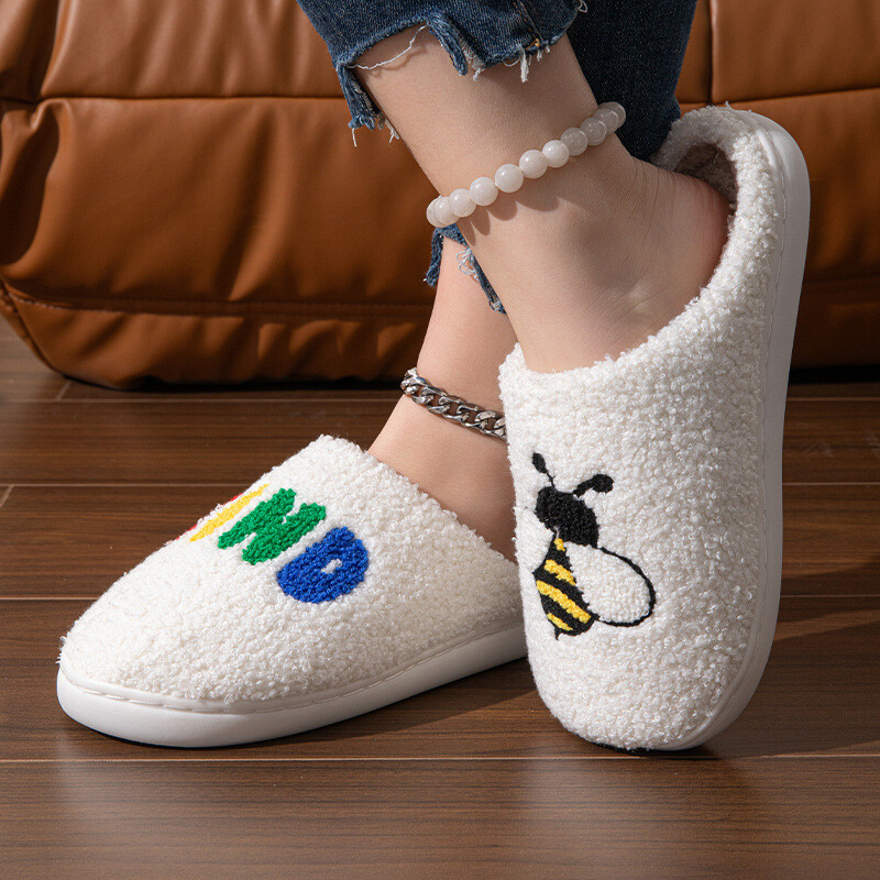 Moteriškos pūkuotos šlepetės, 2024 m. žiemos bičių raštas, storas pliušinis namų šlepetės Moteris uždaras pirštas minkštas padas šiltas medvilninis batai skaidres