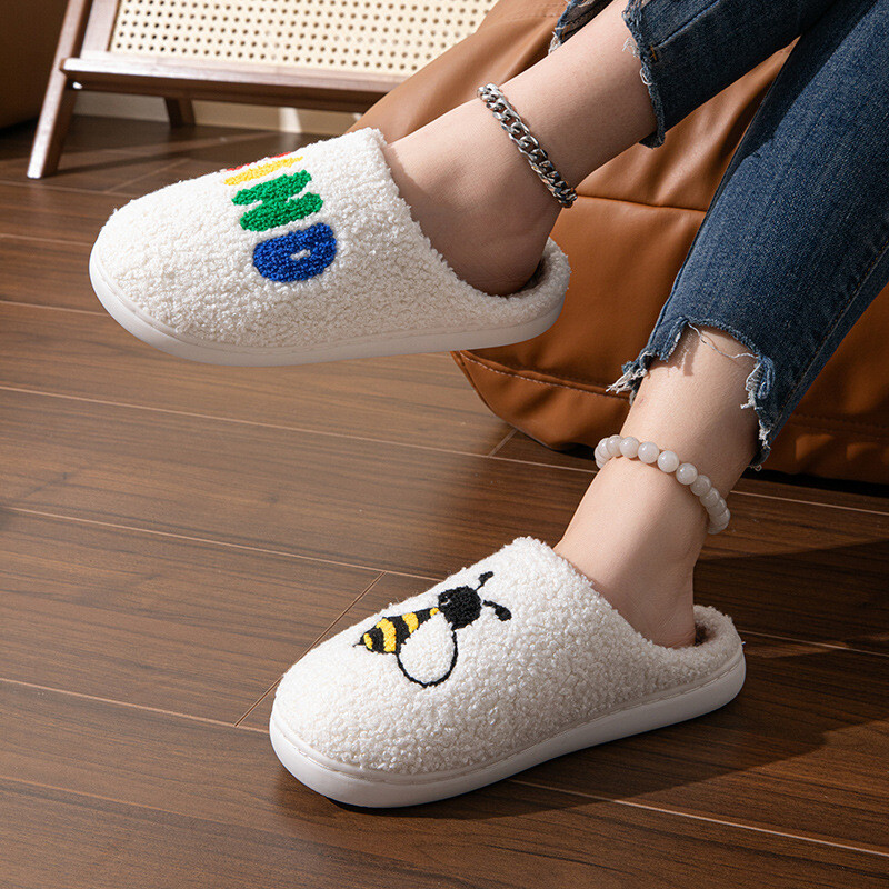 Moteriškos pūkuotos šlepetės, 2024 m. žiemos bičių raštas, storas pliušinis namų šlepetės Moteris uždaras pirštas minkštas padas šiltas medvilninis batai skaidres
