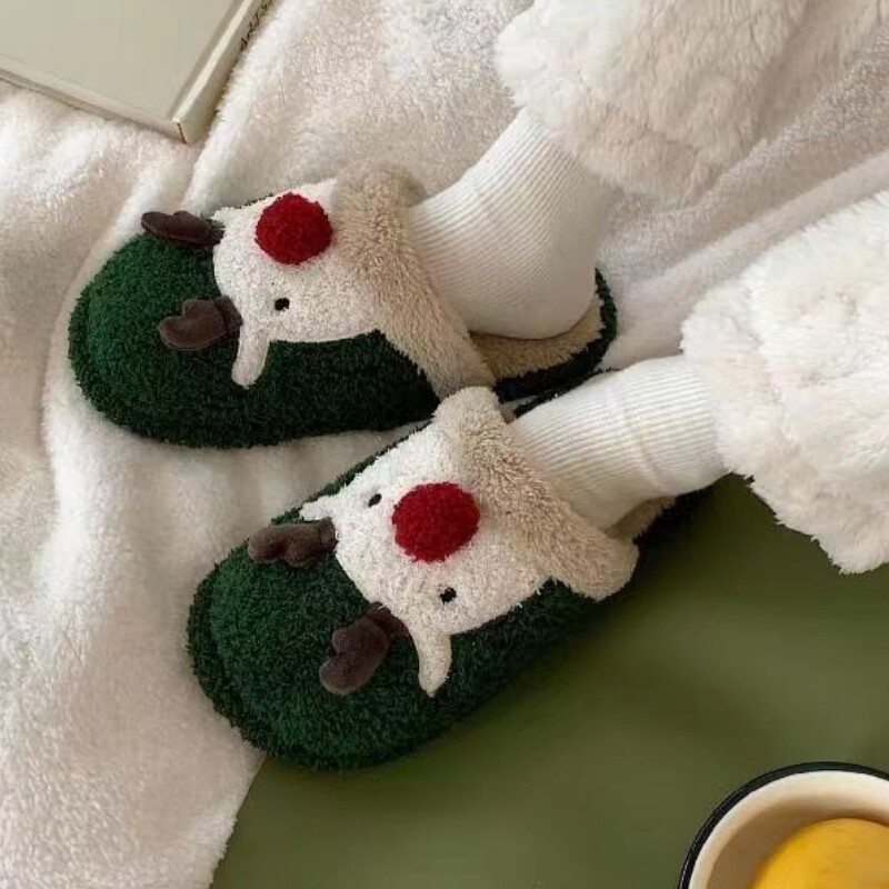 Iarnă Femei Papuci cu blană de căprioară din desene animate Bărbați Sandale liniștite de pluș de interior Cuplu Pantofi de bumbac de Crăciun Fată Tobogan cald pentru cadou