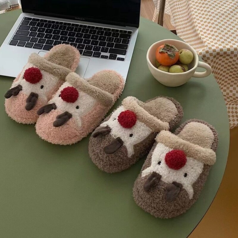 Iarnă drăguță căprioară papuci cu blană Fete Tobogane calde pentru cadouri de Crăciun Adulti Interior Sandale de pluș cupluri pantofi din bumbac în aer liber