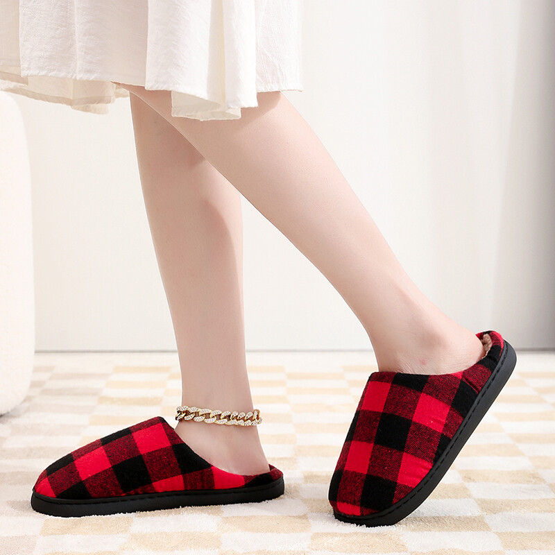 Κλασικές γυναικείες μαύρες κόκκινες καρό βαμβακερές παντόφλες Αντιολισθητικές χειμωνιάτικες καρό ρετρό χριστουγεννιάτικες δώρο εσωτερικού χώρου Βαμβακερά παπούτσια για σπίτι
