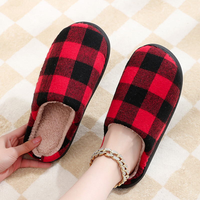Κλασικές γυναικείες μαύρες κόκκινες καρό βαμβακερές παντόφλες Αντιολισθητικές χειμωνιάτικες καρό ρετρό χριστουγεννιάτικες δώρο εσωτερικού χώρου Βαμβακερά παπούτσια για σπίτι