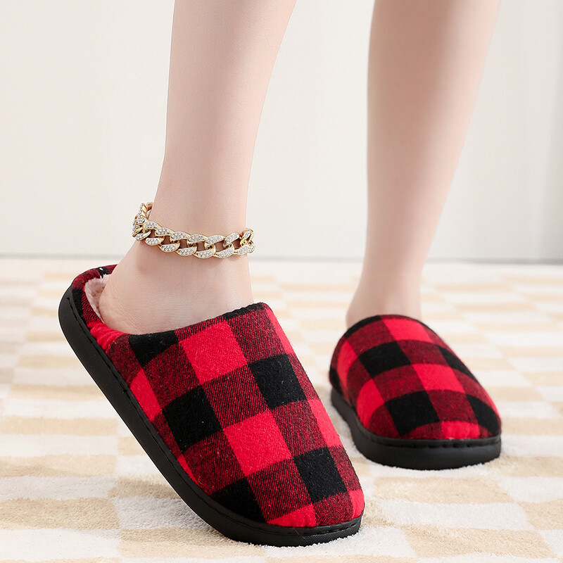 Κλασικές γυναικείες μαύρες κόκκινες καρό βαμβακερές παντόφλες Αντιολισθητικές χειμωνιάτικες καρό ρετρό χριστουγεννιάτικες δώρο εσωτερικού χώρου Βαμβακερά παπούτσια για σπίτι