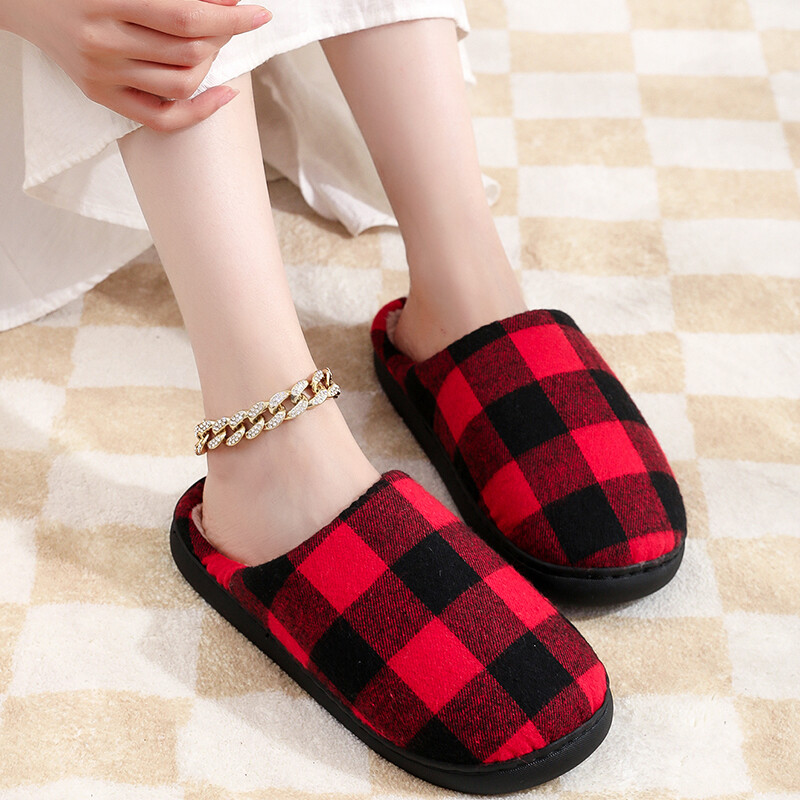 Κλασικές γυναικείες μαύρες κόκκινες καρό βαμβακερές παντόφλες Αντιολισθητικές χειμωνιάτικες καρό ρετρό χριστουγεννιάτικες δώρο εσωτερικού χώρου Βαμβακερά παπούτσια για σπίτι