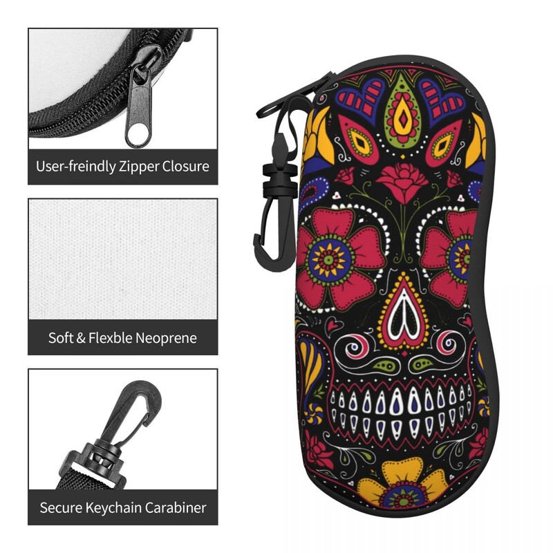 Husă verticală pentru ochelari cu craniu de zahăr Ziua morților Festivalul din Mexic Husă pentru ochelari de soare de zi cu zi pentru bărbați, femei, breloc, cutie pentru ochelari