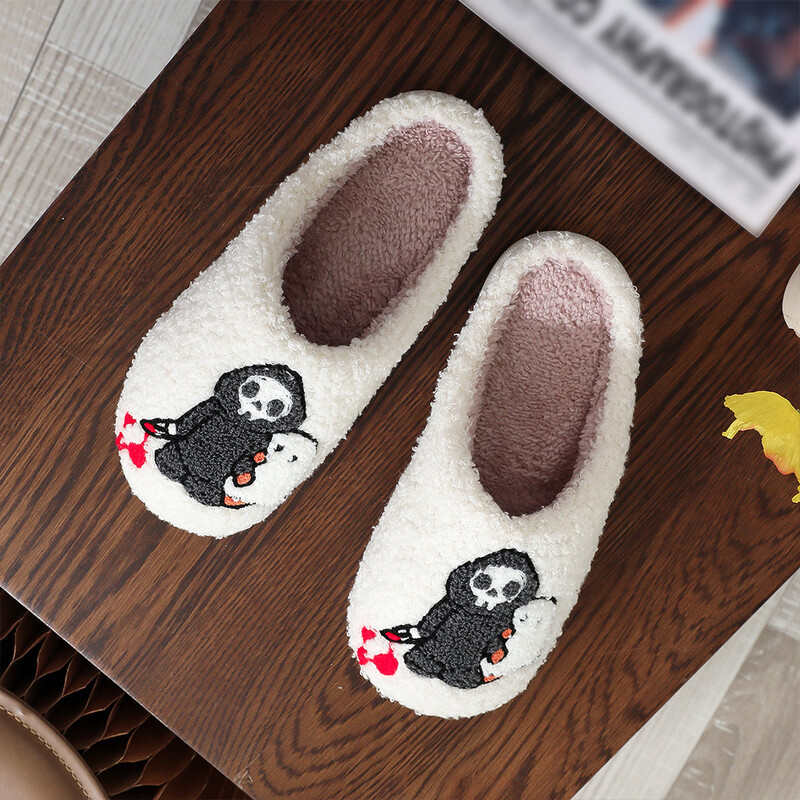 Papuci de pluș de Halloween Pantofi caldi pentru casă, papuci termici plati anti-alunecare Papuci moale cu blană pentru dormitor în aer liber, interior