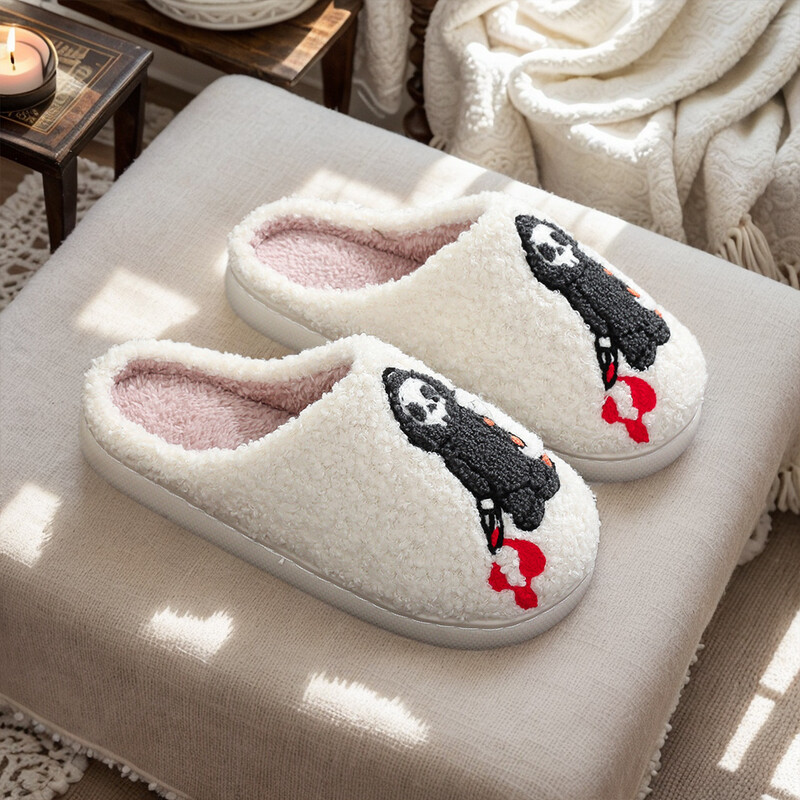 Papuci de pluș de Halloween Pantofi caldi pentru casă, papuci termici plati anti-alunecare Papuci moale cu blană pentru dormitor în aer liber, interior