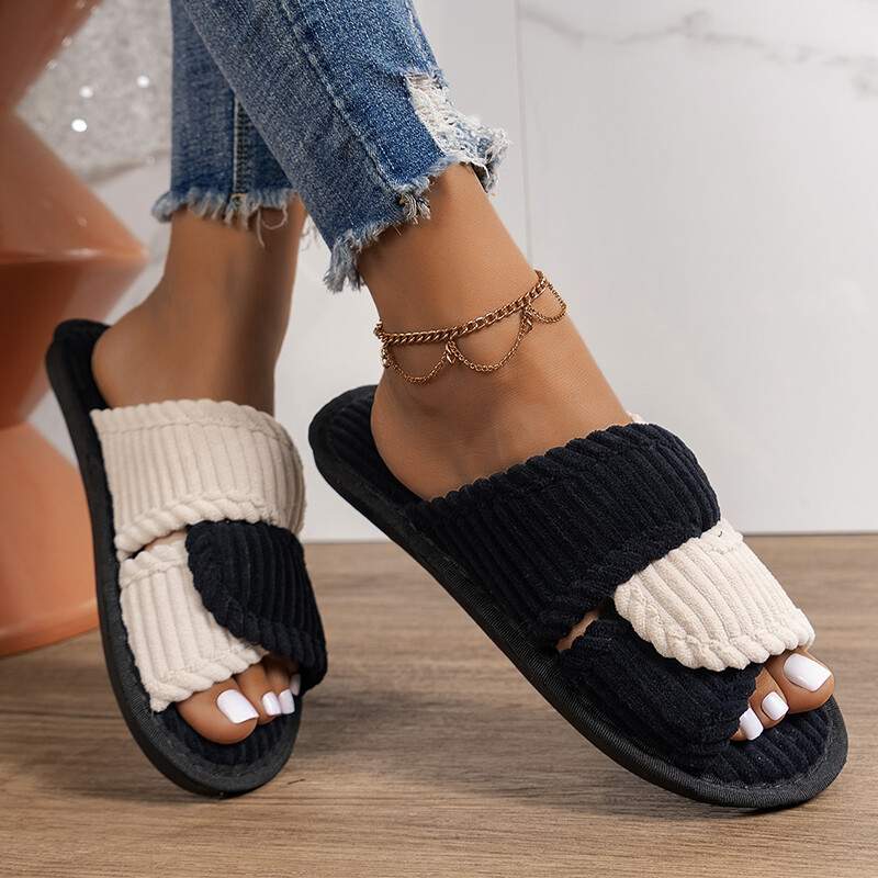 Toamnă Iarnă Patchwork Color Papuci de casă Femei din piele intoarsa Platforma Tobogane pentru interior Papuci antiderapanti Marime mare 42-43