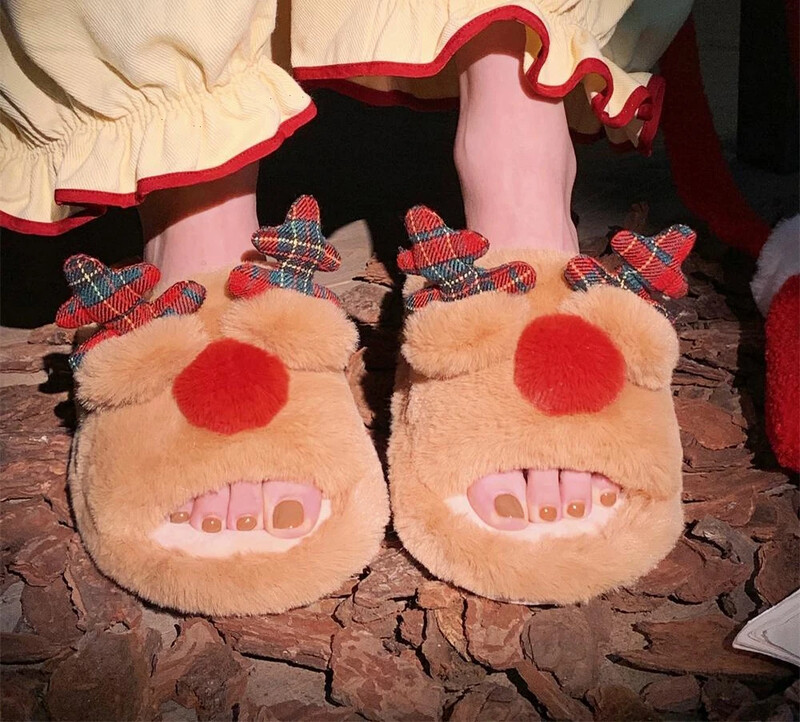 Téli lányok pamut meleg plüss szőrme csúszásmentes karácsonyi papucs agancs kültéri légáteresztő talp puha otthoni cipő
