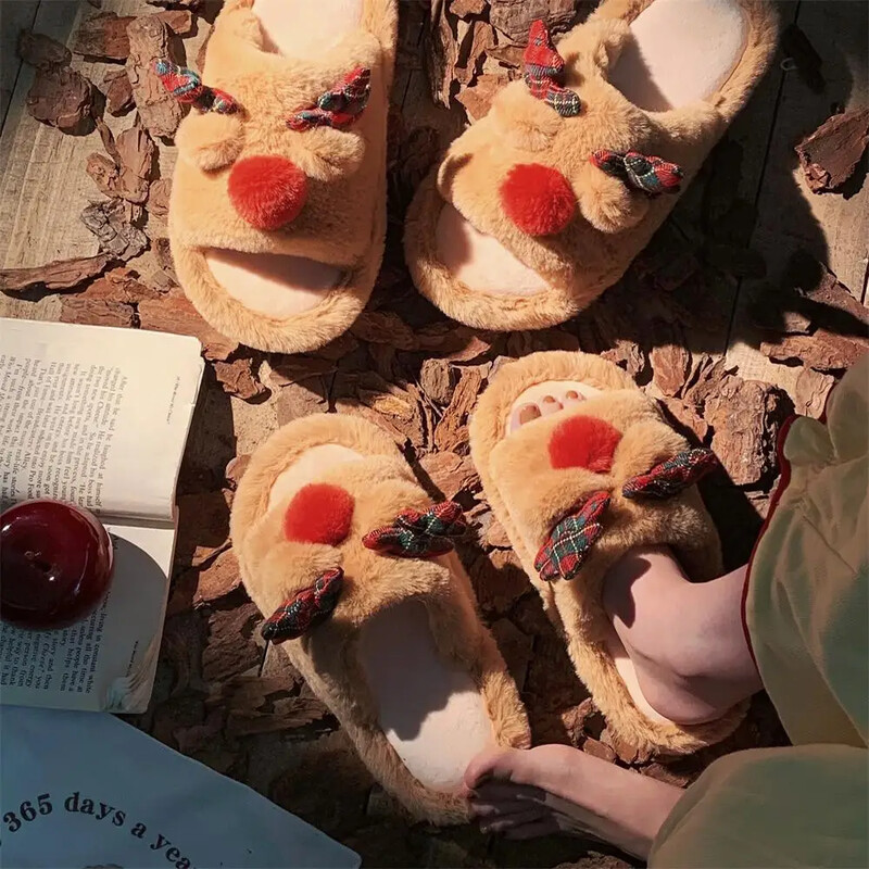 Téli lányok pamut meleg plüss szőrme csúszásmentes karácsonyi papucs agancs kültéri légáteresztő talp puha otthoni cipő