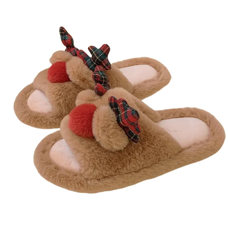 Téli lányok pamut meleg plüss szőrme csúszásmentes karácsonyi papucs agancs kültéri légáteresztő talp puha otthoni cipő