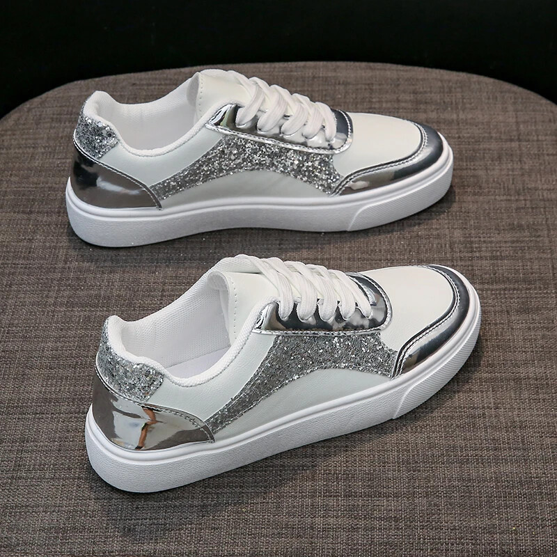 2024-es új flitteres női cipők arany ezüstös lapos bőr, hozzáillő futócipők női alkalmi sportcipők Zapatos De Mujer