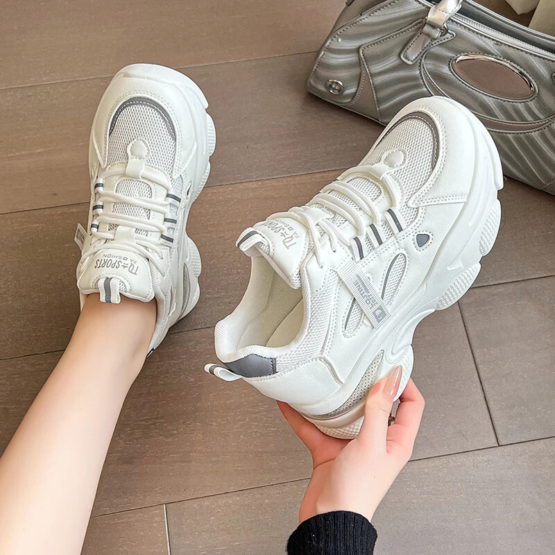 Pantofi la modă și ocazional pentru tată, 2024, cu talpă groasă, plasă, respirabil, înălțime interioară, pantofi albi, pantofi vulcanizați, pantofi de mujer