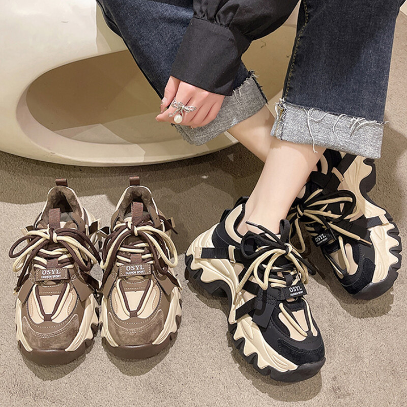 Fekete barna vaskos tornacipő női tavasz ősz vastag alsó apa cipő Női divat PU bőr platform tornacipő női