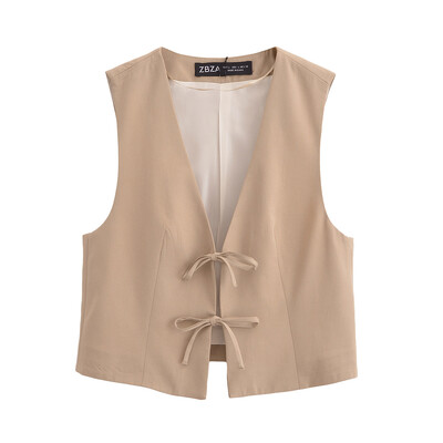 Vestă elegantă cu șireturi cu fundă pentru femei, toamnă, cu decolteu în V, jachetă subțire fără mâneci, crop top, blazer, vestă Y2K