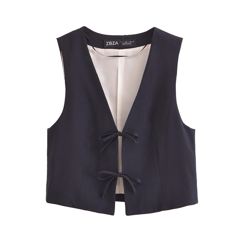 Vestă elegantă cu șireturi cu fundă pentru femei, toamnă, cu decolteu în V, jachetă subțire fără mâneci, crop top, blazer, vestă Y2K