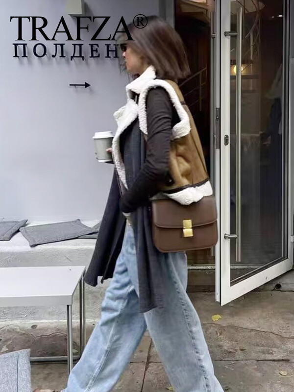 TRAFZA 2024, vestă din lână maro, pentru femei, cu fermoar, îngroșată, caldă, fără mâneci, subțire, pentru femei, topuri decupate, stradă