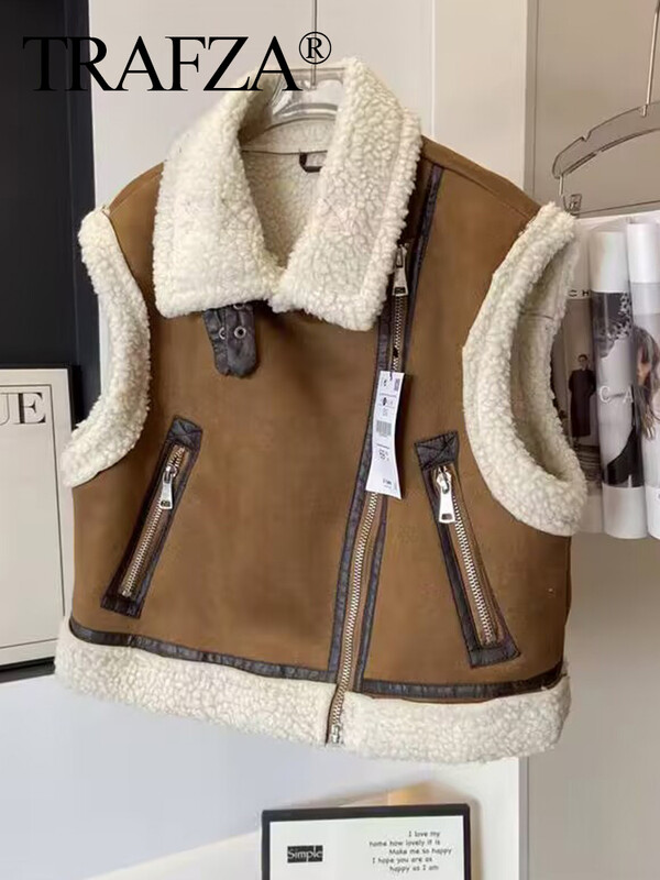 TRAFZA 2024, vestă din lână maro, pentru femei, cu fermoar, îngroșată, caldă, fără mâneci, subțire, pentru femei, topuri decupate, stradă