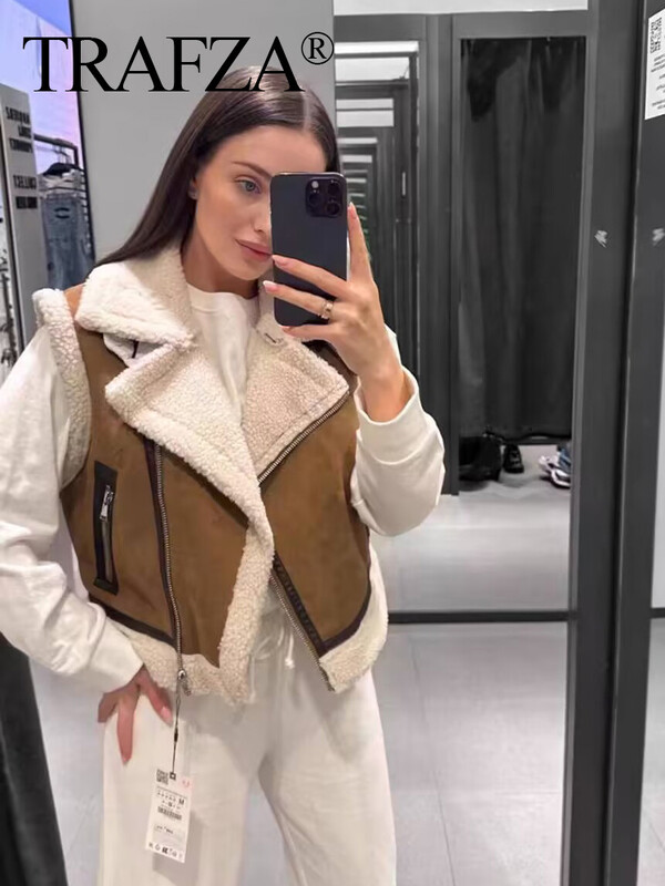 TRAFZA 2024, vestă din lână maro, pentru femei, cu fermoar, îngroșată, caldă, fără mâneci, subțire, pentru femei, topuri decupate, stradă